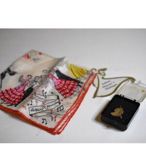 Vintage 50's Arthur Murry's Dance Themed Silk Scarf/Bronze Tone Award Charm